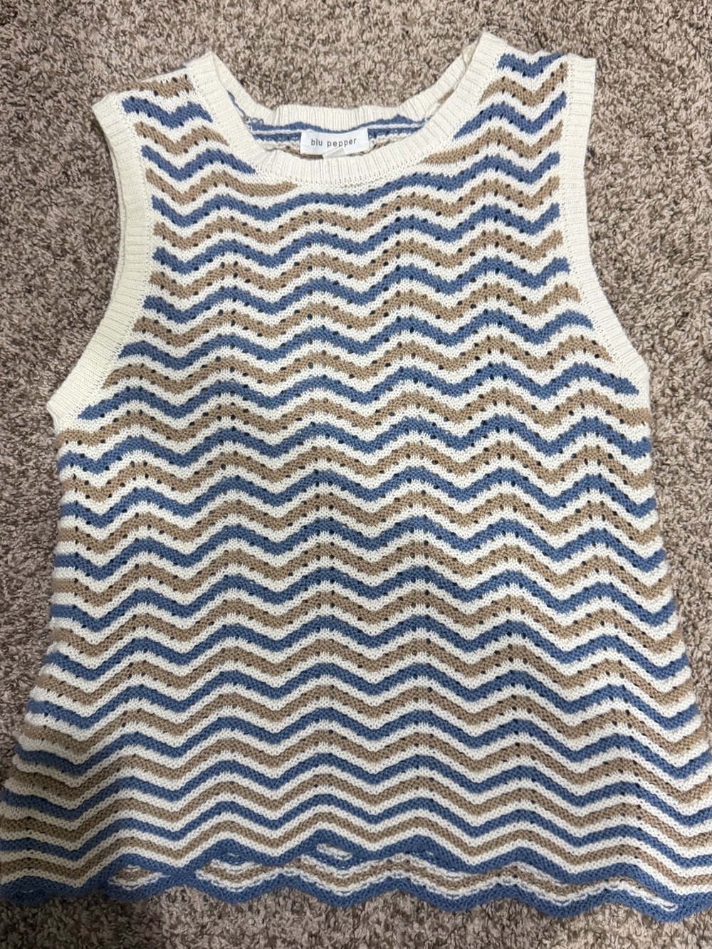 Blu Pepper Blue & Cream Chevron Knit Tank Dress